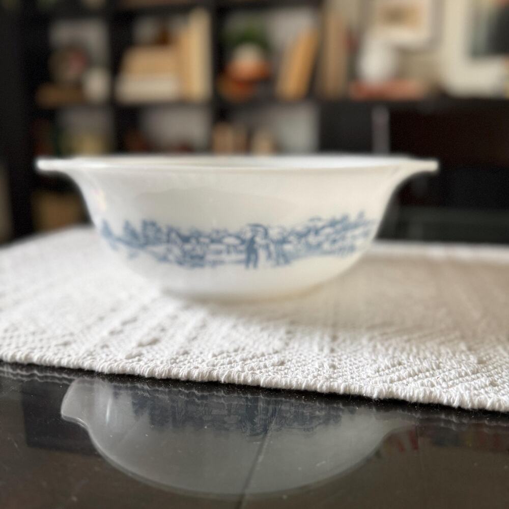 Vintage Glasbake Milk Glass Amish Farm Scene Casserole Dish – Blue Transferware